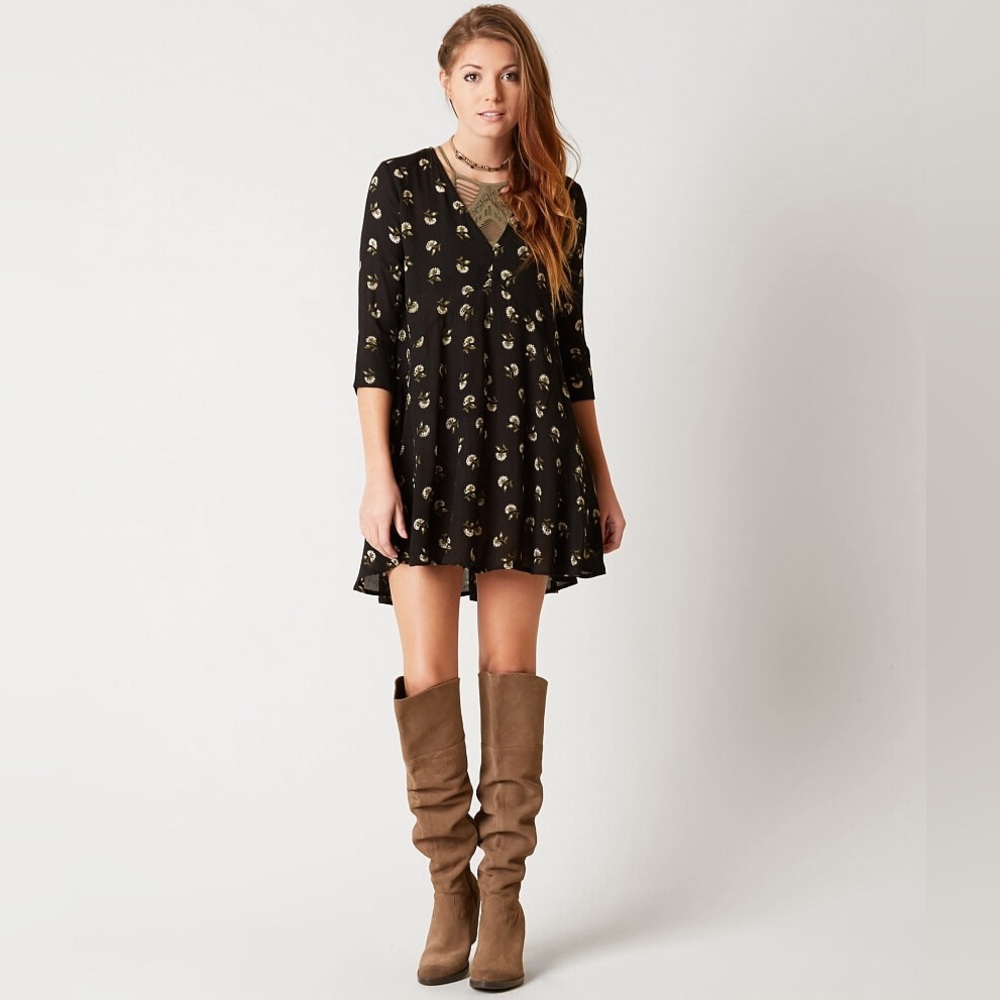 Amuse Society Black Floral Mini cutout fit flare Dress boho‎ summer festive Sz S